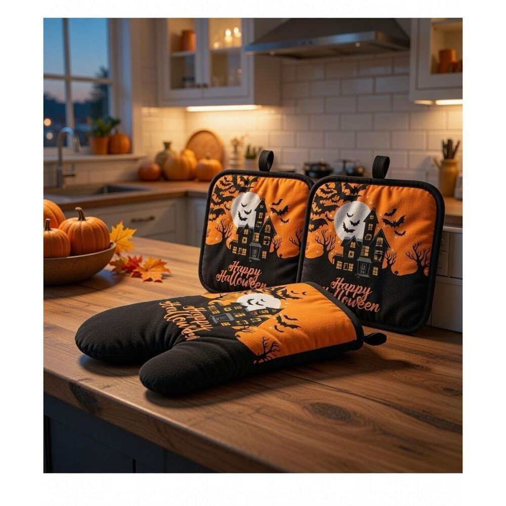 Halloween Kitchen Seat Haunted House 3 Pieces Oven Mitt, Hot Pads